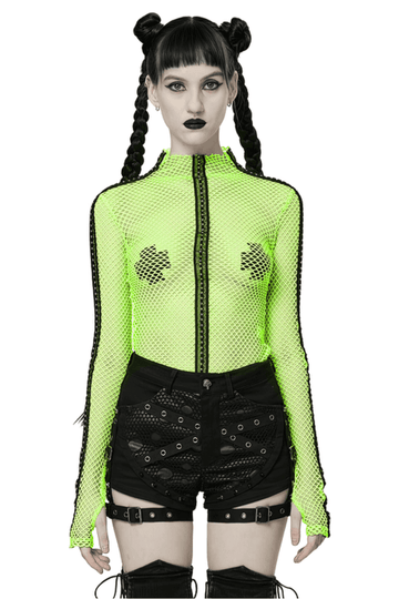 Gothic-Styled Long Sleeve Openwork Top in Vibrant Neon Green